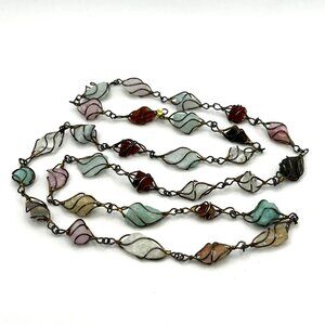 Vintage Gemstone Wire Wrapped 30” Necklace Garnet Jadeite Quartz Artisan Boho